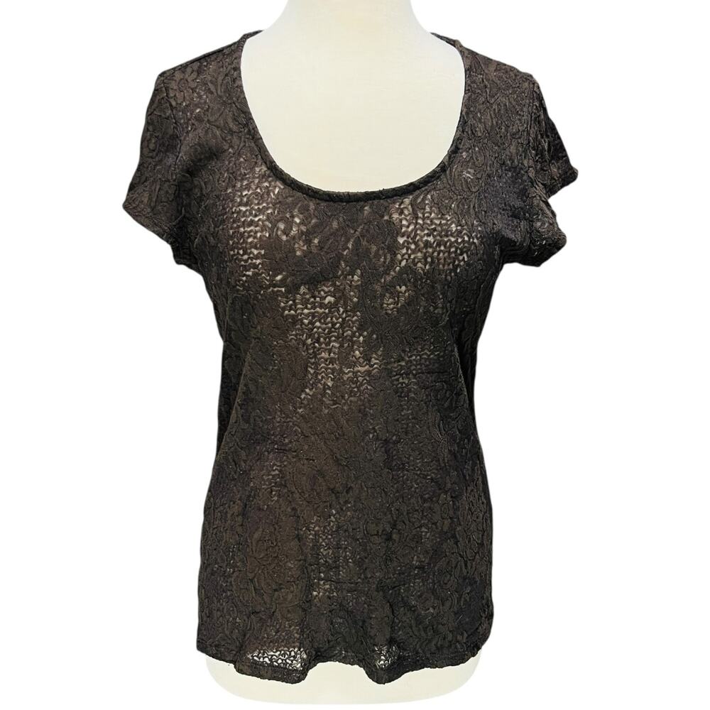Y2K Womens Whimsigoth Sheer Lace Tee Top Sz L Brown Scoop Neck Stretch Coquette